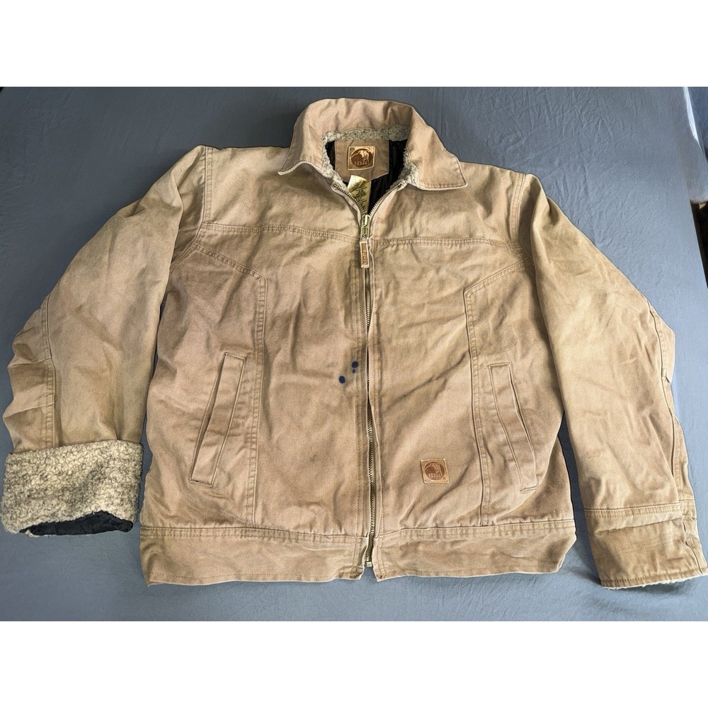 Mens BERNE CHORE WORK COAT TAN CANVAS INSULATED THRASHED SHERPA HEAVY SZ LT